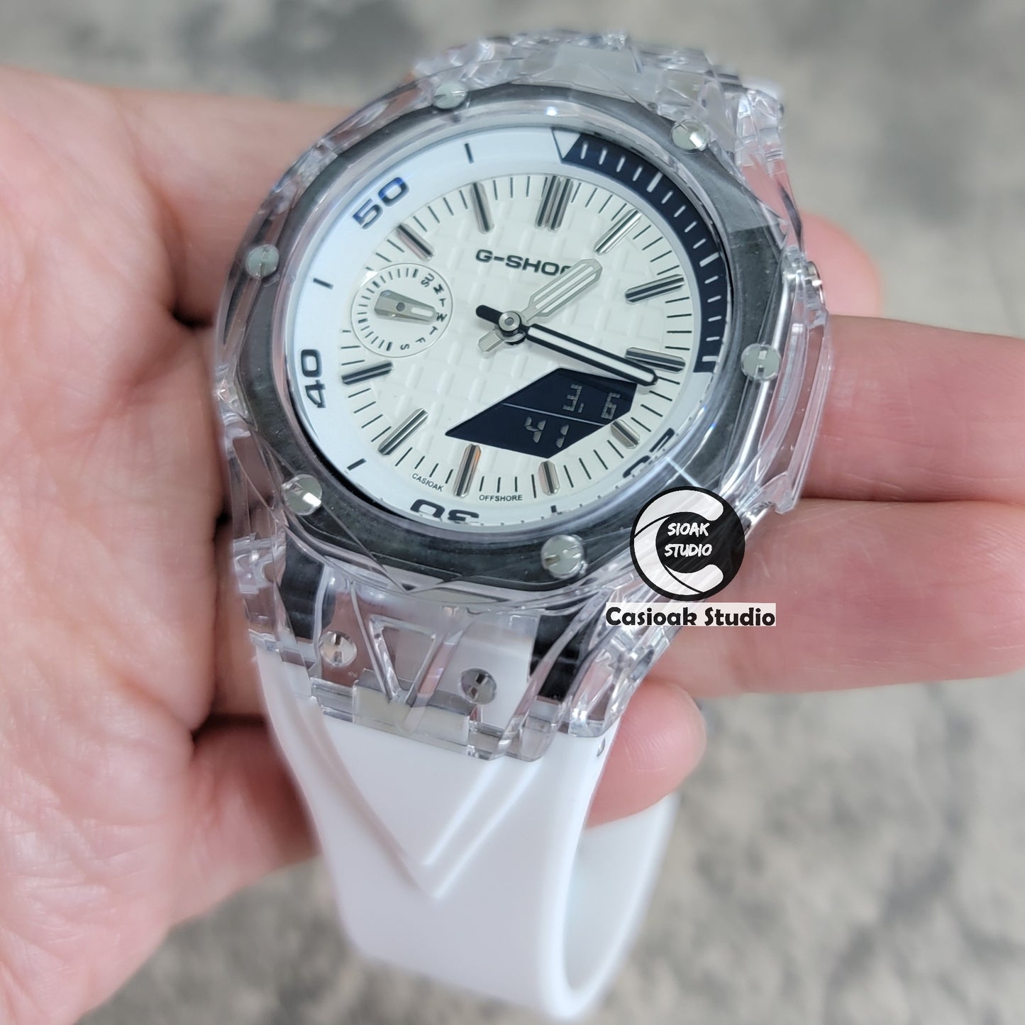 Casioak Mod Watch NEW Transparent Case White Strap Silver Time Mark White Dial 44mm - Casioak Studio