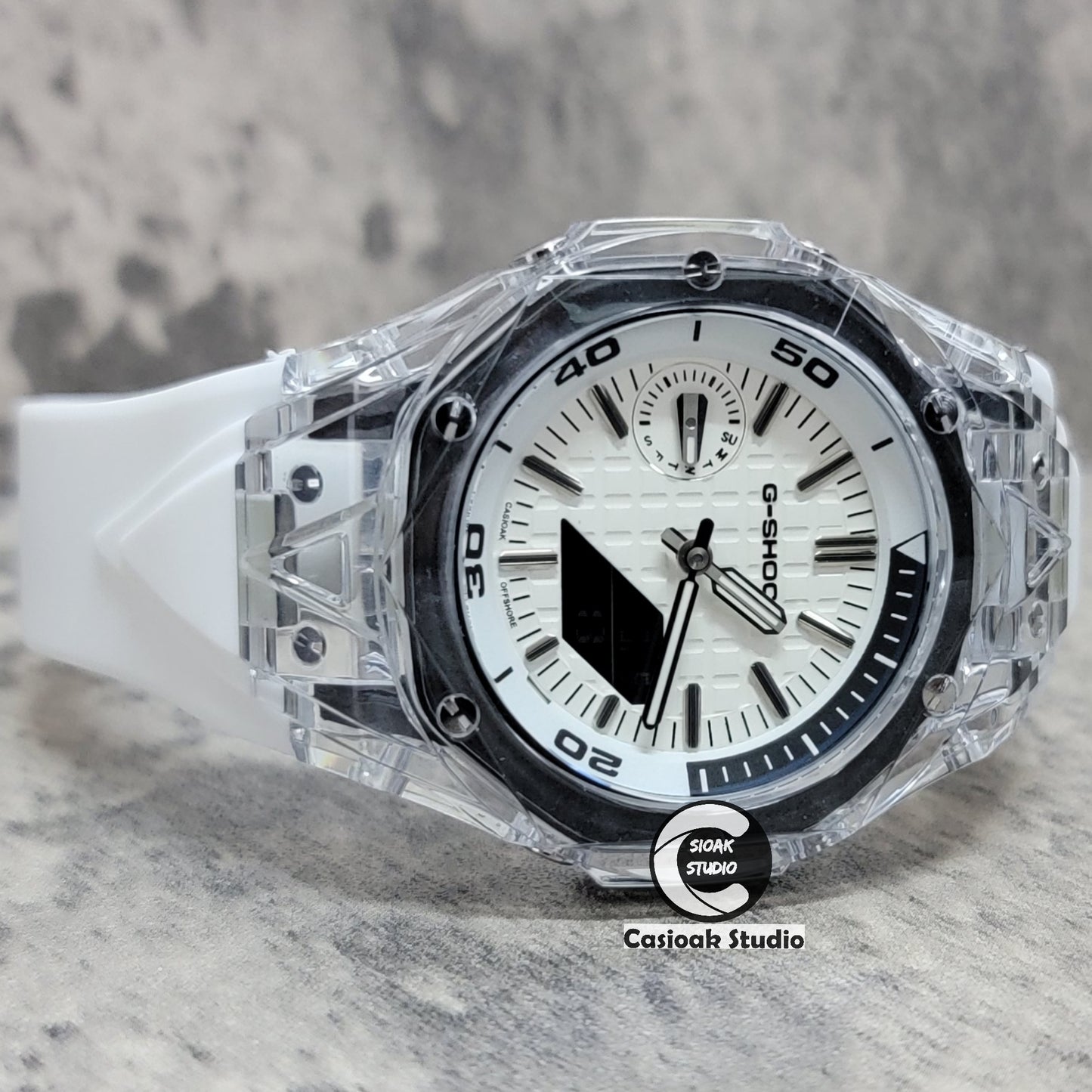 Casioak Mod Watch NEW Transparent Case White Strap Silver Time Mark White Dial 44mm - Casioak Studio