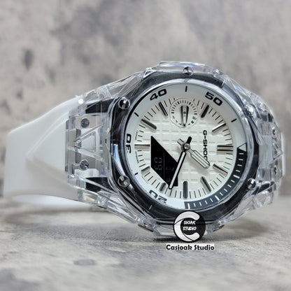 Casioak Mod Watch NEW Transparent Case White Strap Silver Time Mark White Dial 44mm - Casioak Studio