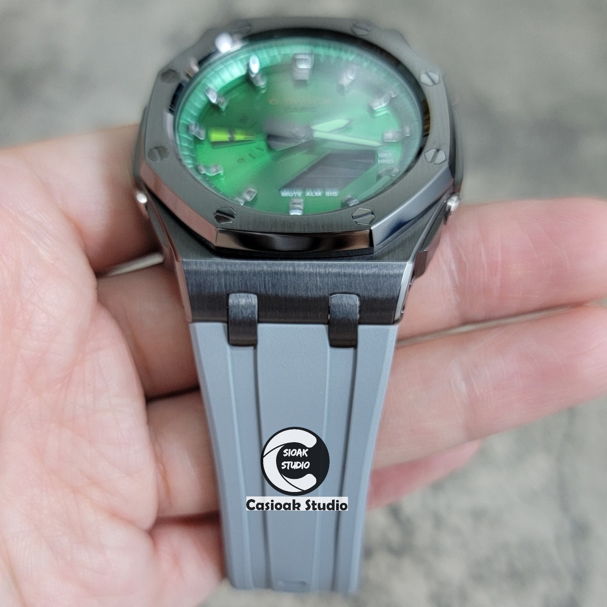 Casioak Mod Watch Offshore Superior Gray Case Black Rubber Strap Green Gray Time Mark Green Dial 44mm - Casioak Studio