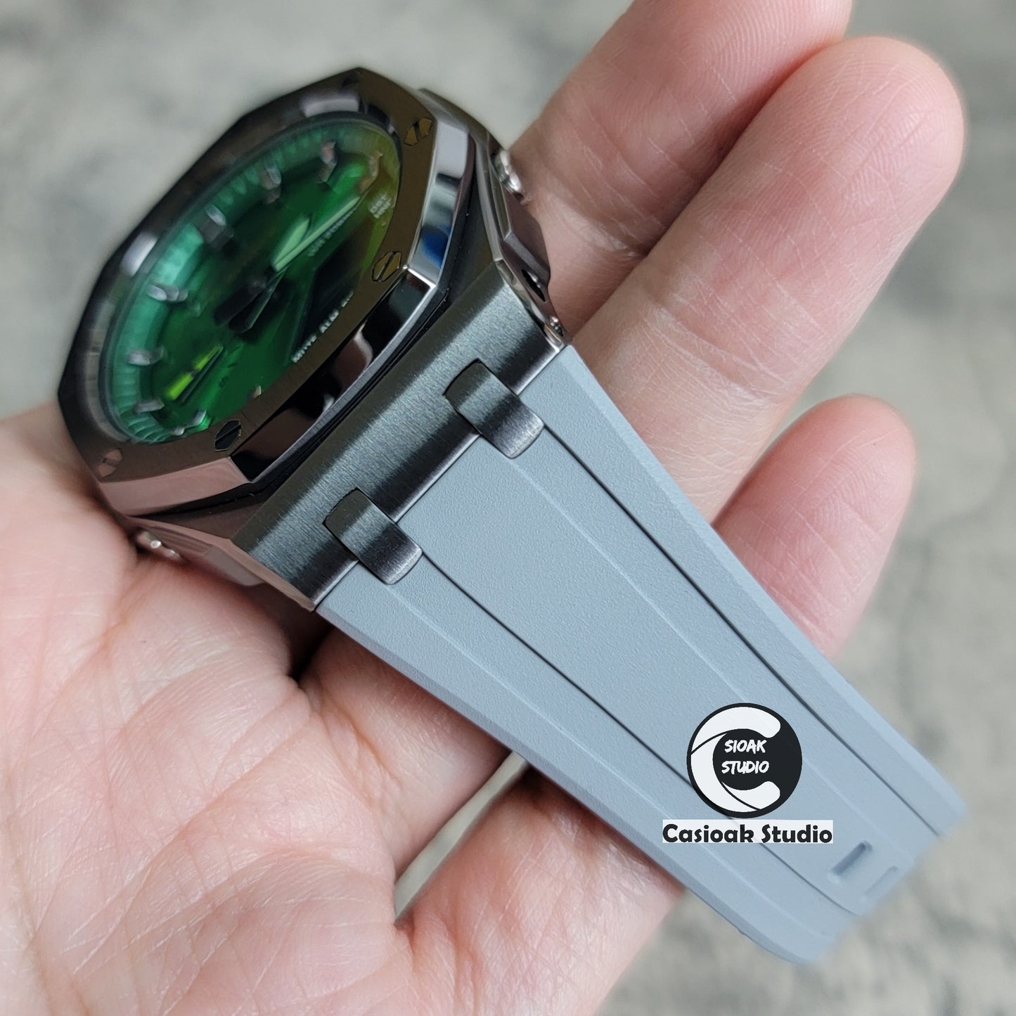 Casioak Mod Watch Offshore Superior Gray Case Black Rubber Strap Green Gray Time Mark Green Dial 44mm - Casioak Studio