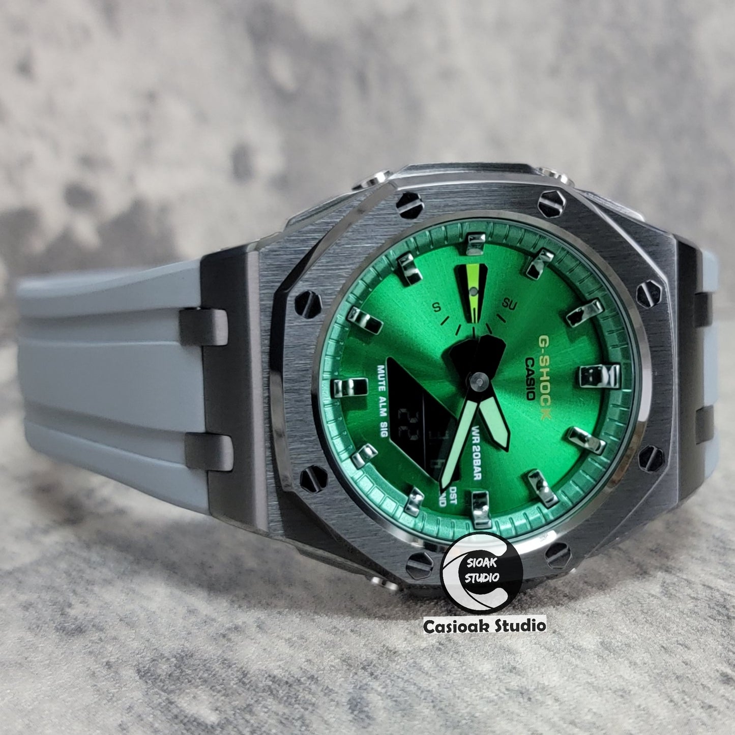 Casioak Mod Watch Offshore Superior Gray Case Black Rubber Strap Green Gray Time Mark Green Dial 44mm - Casioak Studio