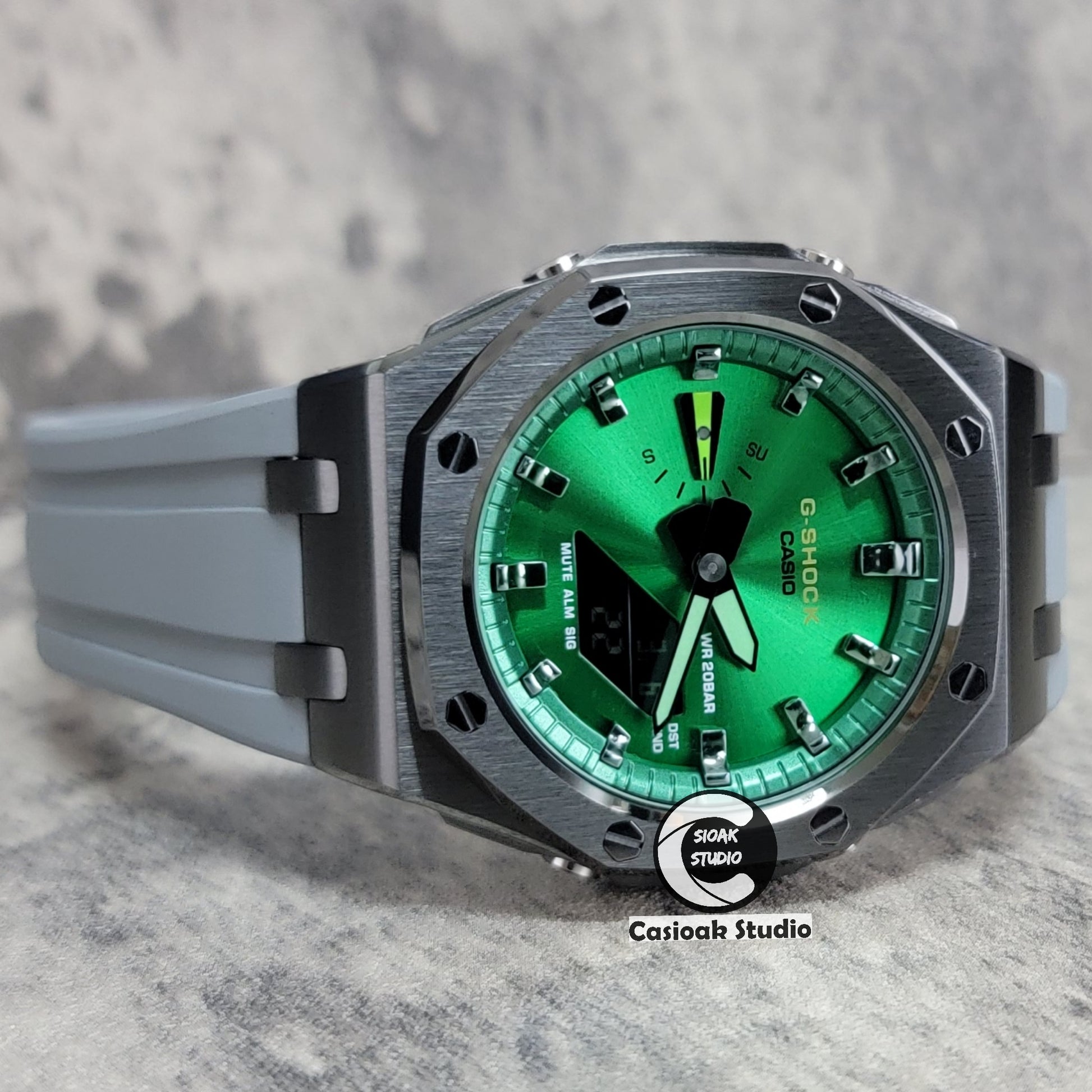 Casioak Mod Watch Offshore Superior Gray Case Black Rubber Strap Green Gray Time Mark Green Dial 44mm - Casioak Studio