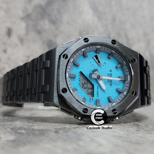 Casioak Mod Watch Offshore Superior Gray Case Metal Strap Gray Time Mark Tiffany Blue Dial 44mm - Casioak Studio