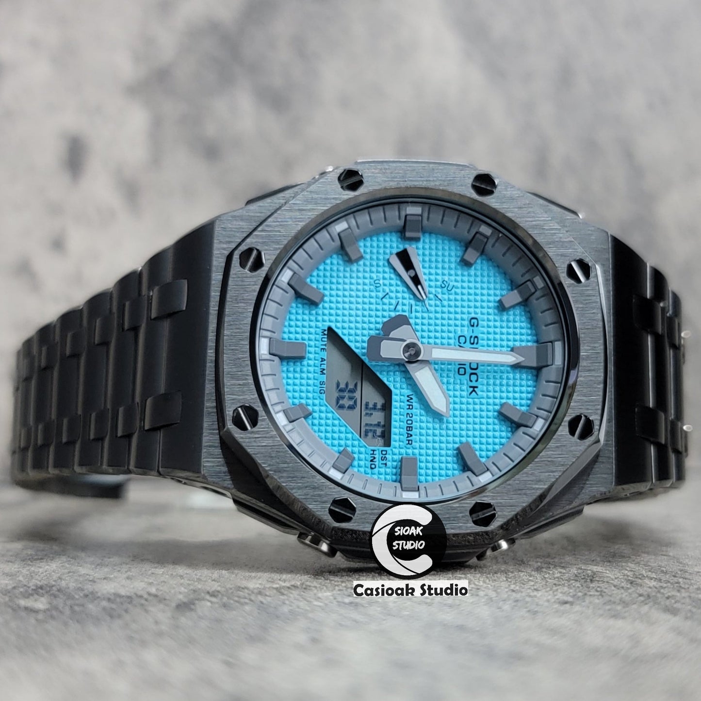 Casioak Mod Watch Offshore Superior Gray Case Metal Strap Gray Time Mark Tiffany Blue Dial 44mm - Casioak Studio