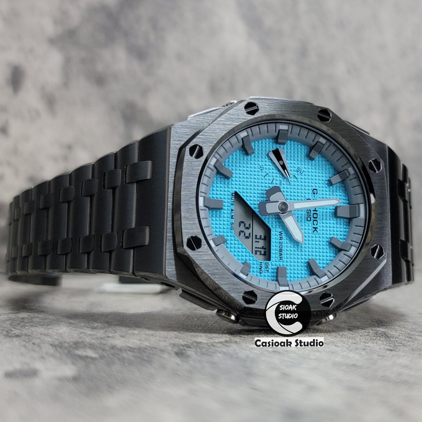 Casioak Mod Watch Offshore Superior Gray Case Metal Strap Gray Time Mark Tiffany Blue Dial 44mm - Casioak Studio