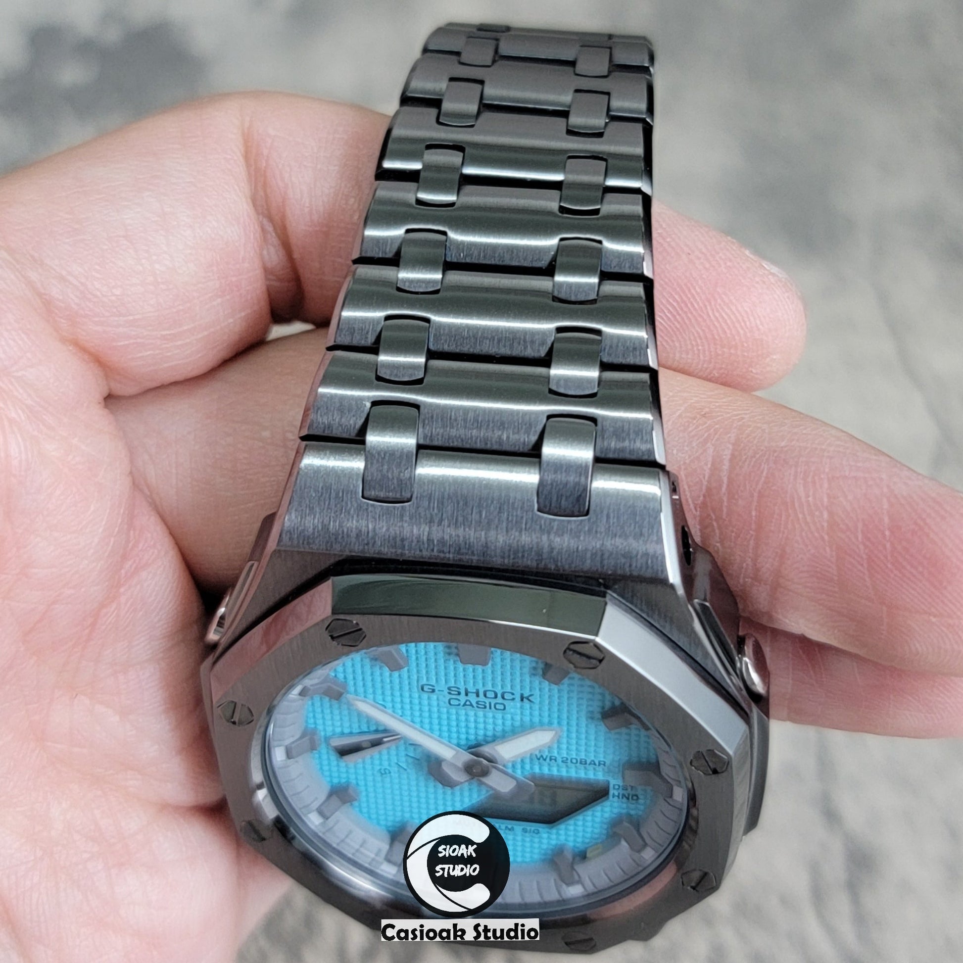 Casioak Mod Watch Offshore Superior Gray Case Metal Strap Gray Time Mark Tiffany Blue Dial 44mm - Casioak Studio