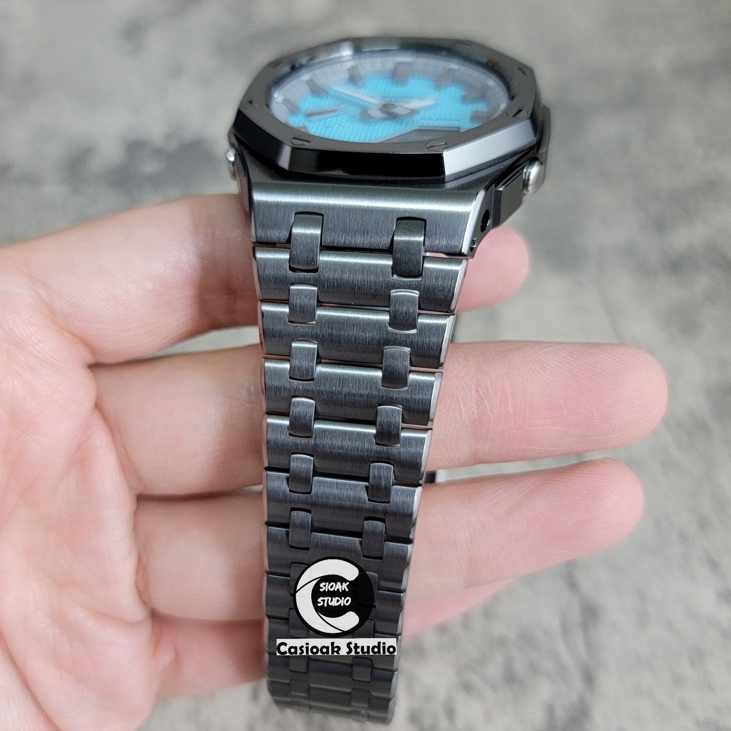 Casioak Mod Watch Offshore Superior Gray Case Metal Strap Gray Time Mark Tiffany Blue Dial 44mm - Casioak Studio