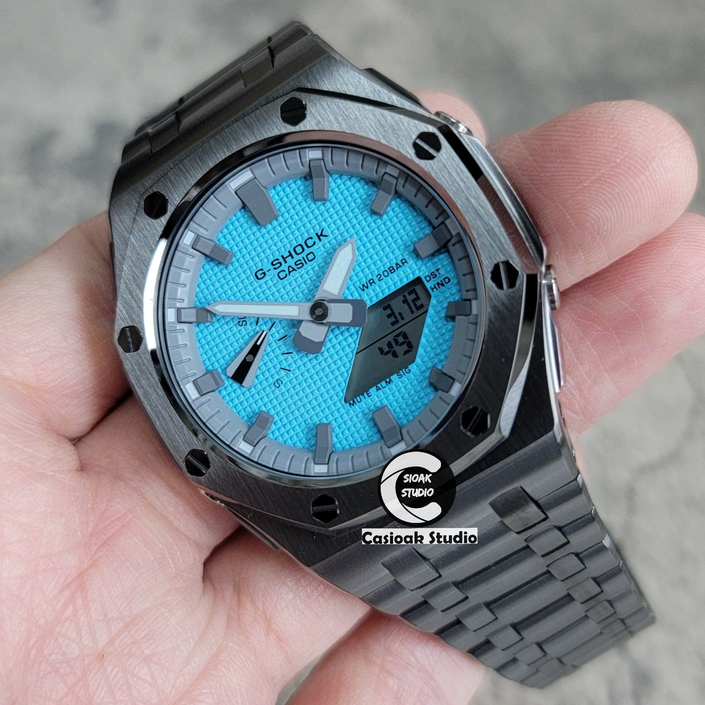 Casioak Mod Watch Offshore Superior Gray Case Metal Strap Gray Time Mark Tiffany Blue Dial 44mm - Casioak Studio