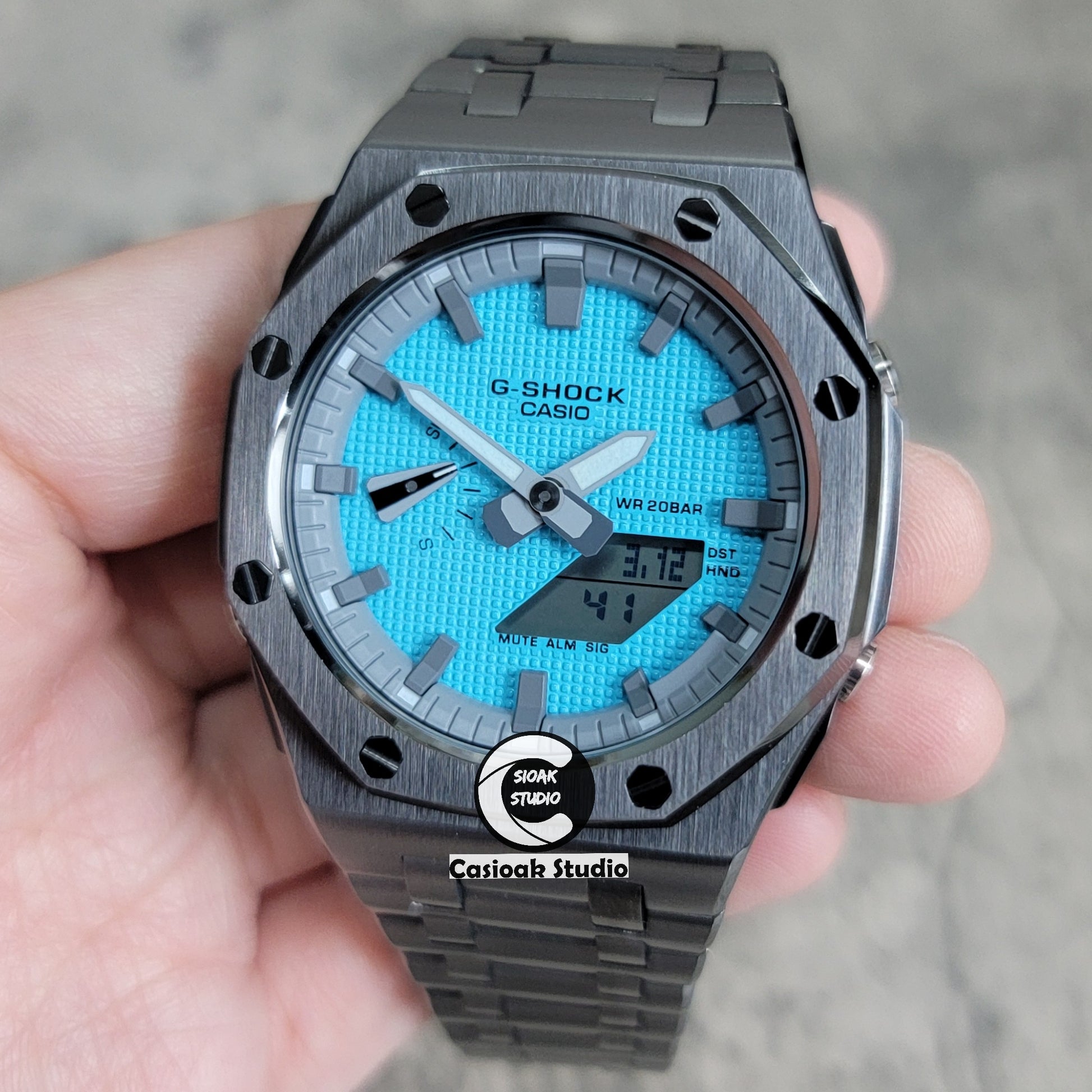 Casioak Mod Watch Offshore Superior Gray Case Metal Strap Gray Time Mark Tiffany Blue Dial 44mm - Casioak Studio
