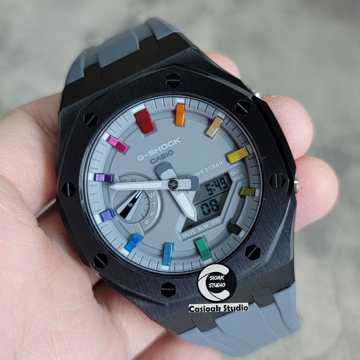 Casioak Mod Watch Black Case Gray Rubber Strap Gray Rainbow Time Mark Gray Dial 44mm - Casioak Studio