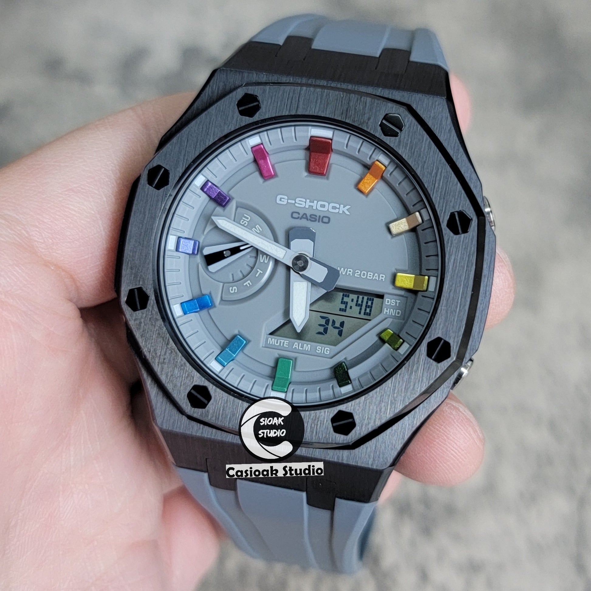 Casioak Mod Watch Black Case Gray Rubber Strap Gray Rainbow Time Mark Gray Dial 44mm - Casioak Studio