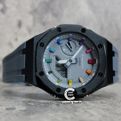 Casioak Mod Watch Black Case Gray Rubber Strap Gray Rainbow Time Mark Gray Dial 44mm - Casioak Studio