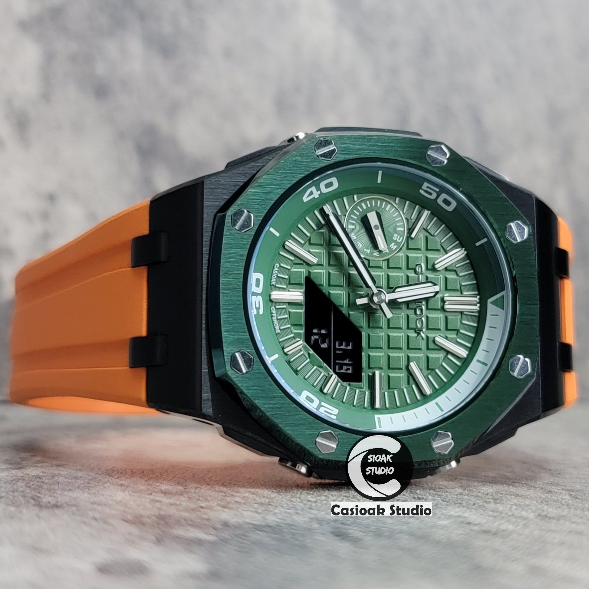 Casioak Mod Watch NEW Offshore Superior Green Black Case Orange Rubber Strap Green Time Mark Green Dial 44mm Sapphire Glass - Casioak Studio