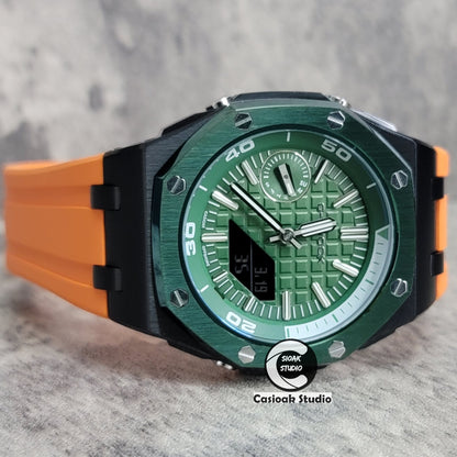 Casioak Mod Watch NEW Offshore Superior Green Black Case Orange Rubber Strap Green Time Mark Green Dial 44mm Sapphire Glass - Casioak Studio