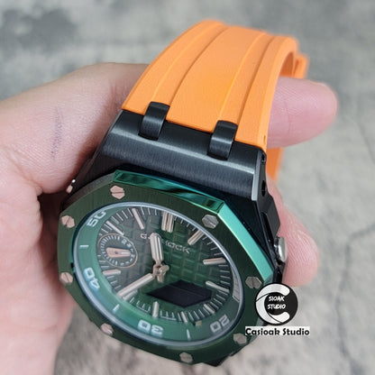 Casioak Mod Watch NEW Offshore Superior Green Black Case Orange Rubber Strap Green Time Mark Green Dial 44mm Sapphire Glass - Casioak Studio