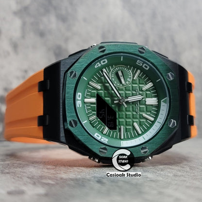 Casioak Mod Watch NEW Offshore Superior Green Black Case Orange Rubber Strap Green Time Mark Green Dial 44mm Sapphire Glass - Casioak Studio