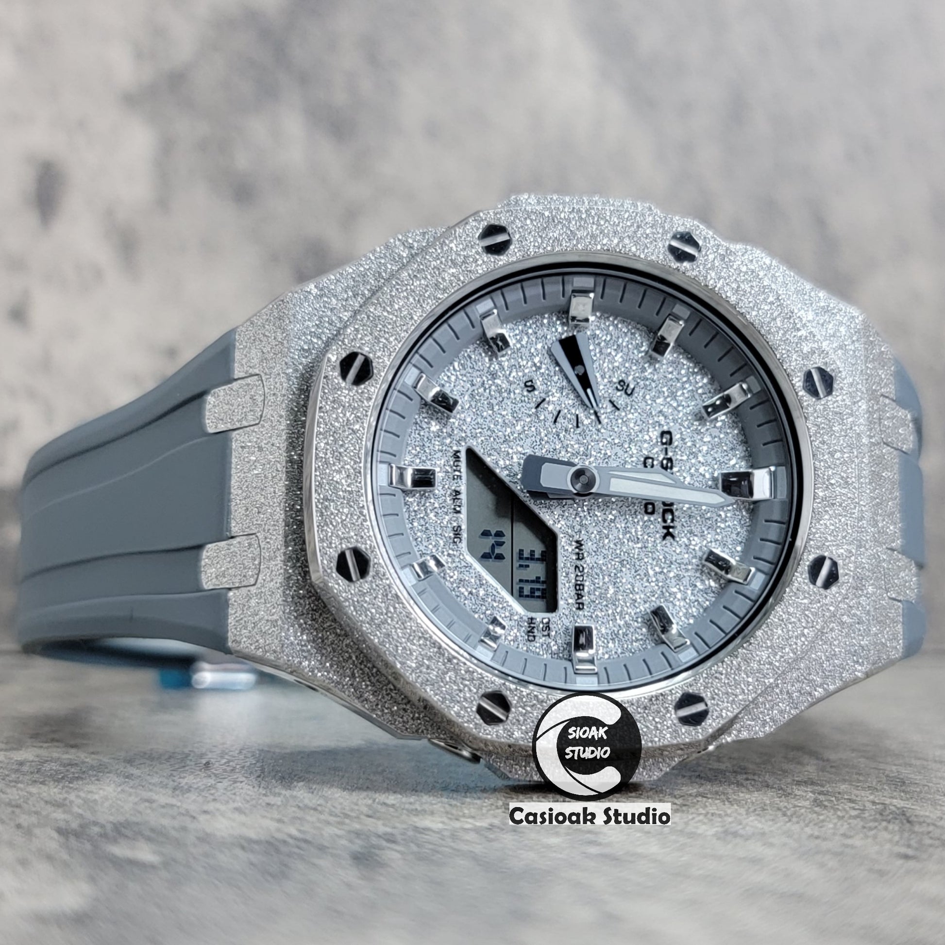 Casioak Mod Watch Frosted Silver Case Gray Strap Gray Silver Time Mark Starry Silver Dial 44mm - Casioak Studio