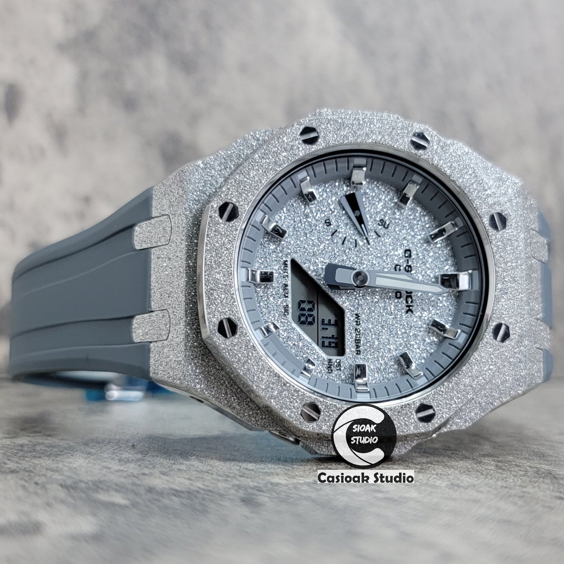 Casioak Mod Watch Frosted Silver Case Gray Strap Gray Silver Time Mark Starry Silver Dial 44mm - Casioak Studio