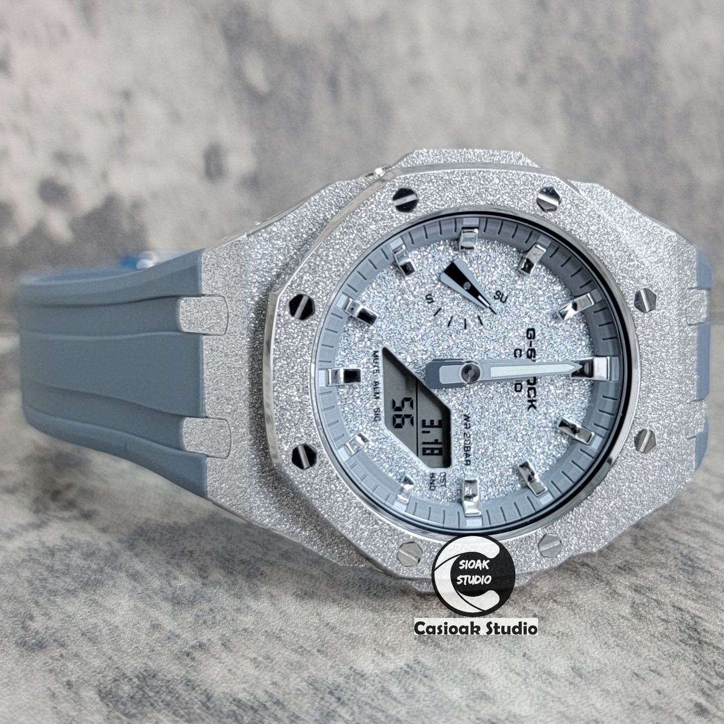 Casioak Mod Watch Frosted Silver Case Gray Strap Gray Silver Time Mark Starry Silver Dial 44mm - Casioak Studio