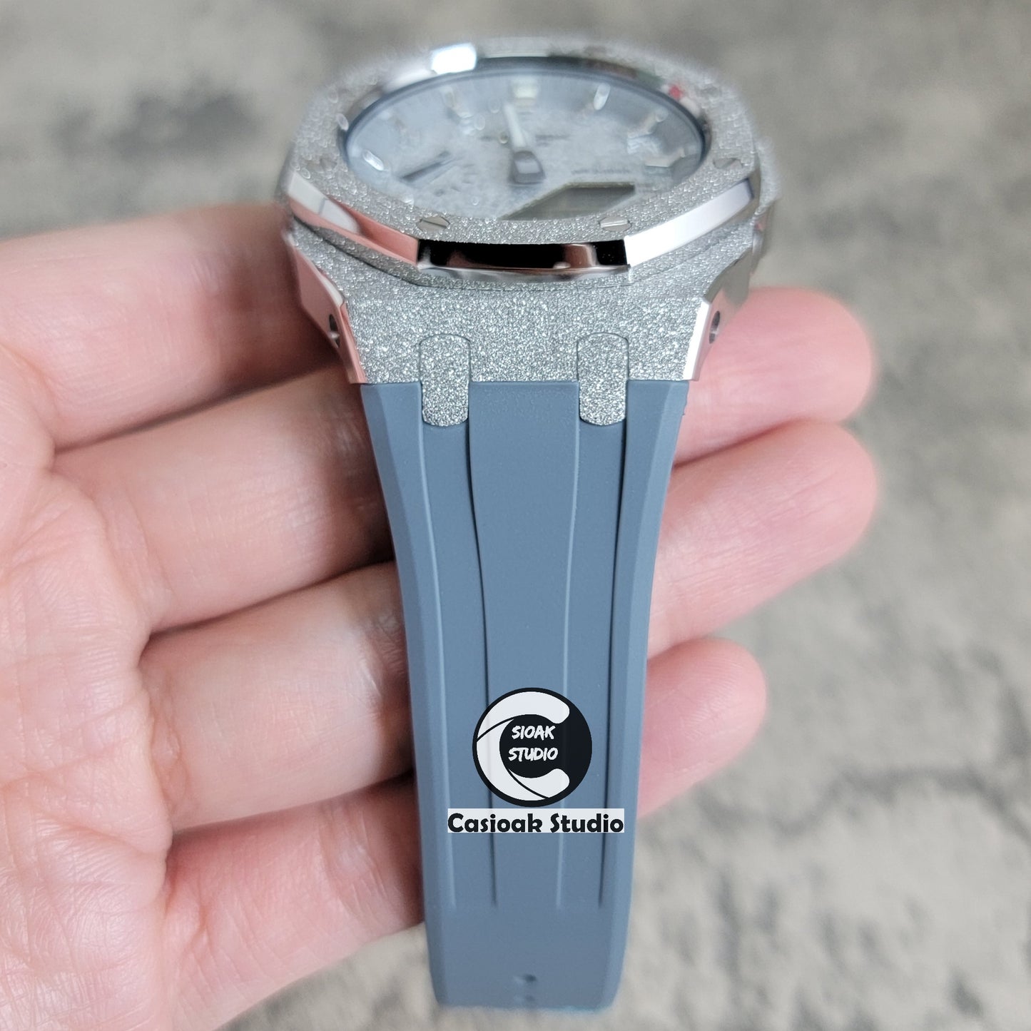 Casioak Mod Watch Frosted Silver Case Gray Strap Gray Silver Time Mark Starry Silver Dial 44mm - Casioak Studio