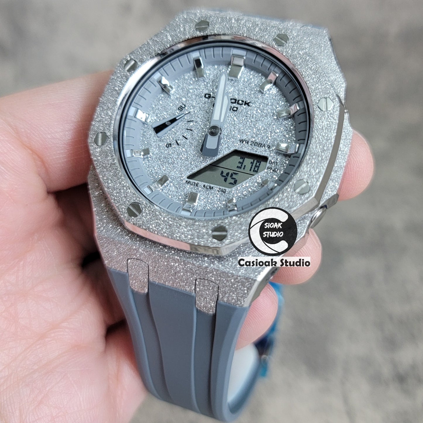 Casioak Mod Watch Frosted Silver Case Gray Strap Gray Silver Time Mark Starry Silver Dial 44mm - Casioak Studio