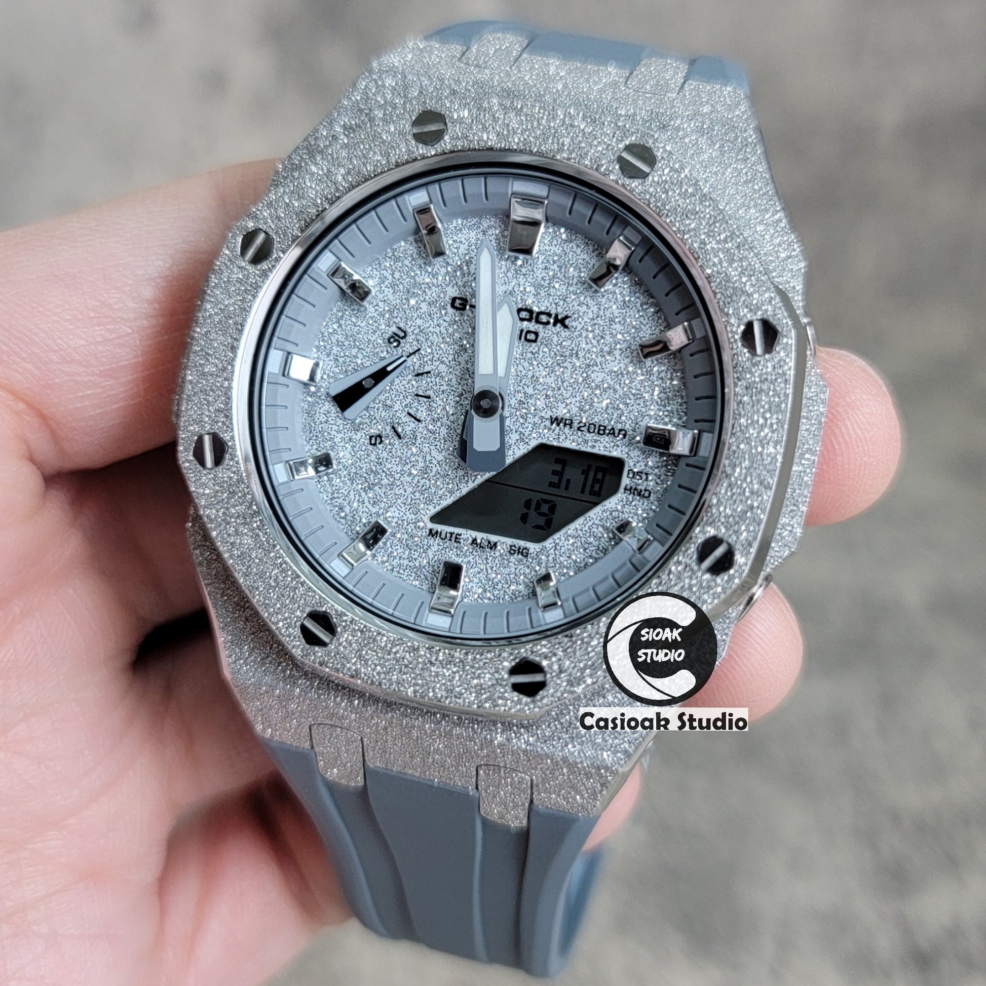 Casioak Mod Watch Frosted Silver Case Gray Strap Gray Silver Time Mark Starry Silver Dial 44mm - Casioak Studio