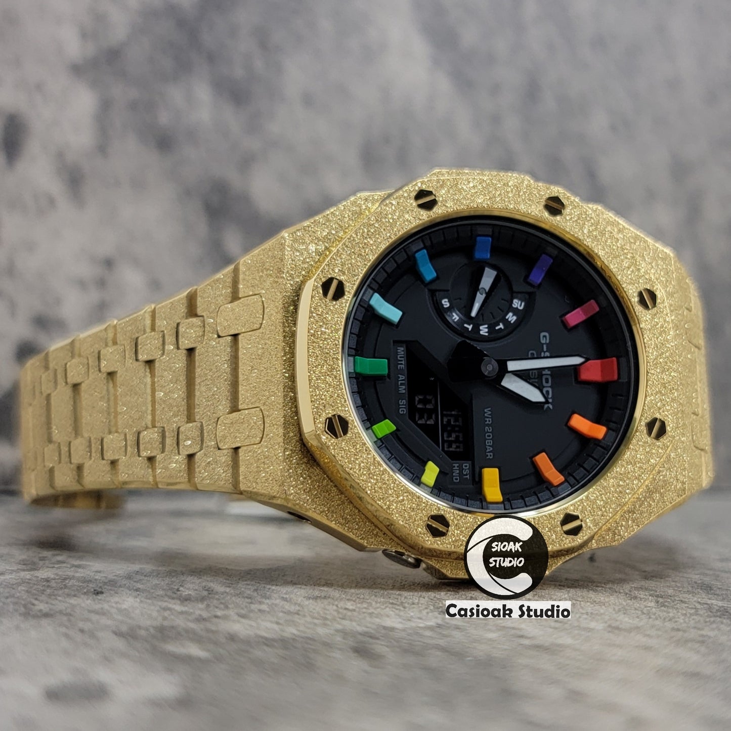 Casioak Mod Watch Frosted Gold Case Metal Strap Black Rainbow Time Mark Black Dial 44mm - Casioak Studio