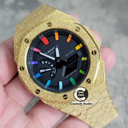 Casioak Mod Watch Frosted Gold Case Metal Strap Black Rainbow Time Mark Black Dial 44mm - Casioak Studio