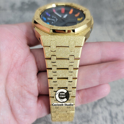 Casioak Mod Watch Frosted Gold Case Metal Strap Black Rainbow Time Mark Black Dial 44mm - Casioak Studio