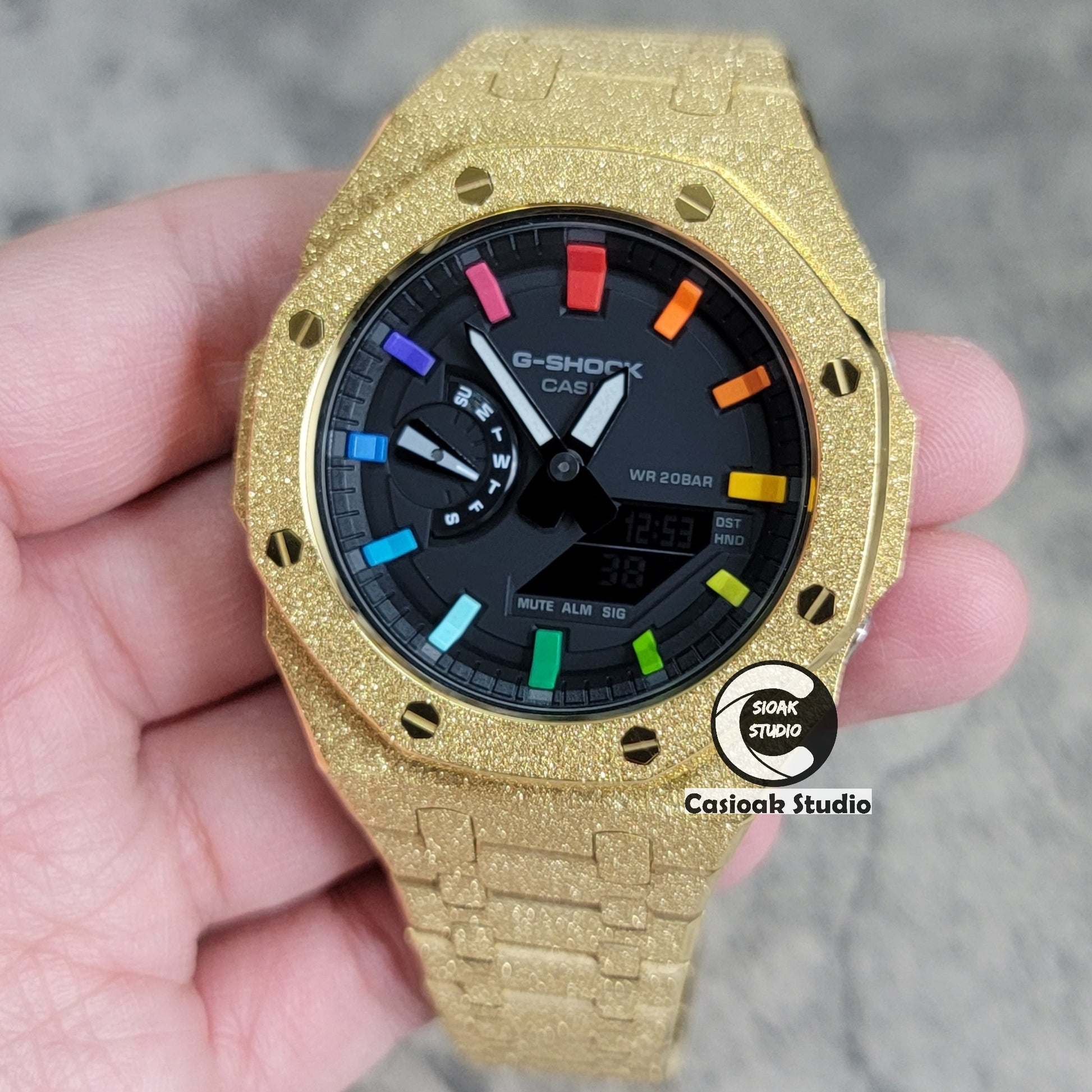 Casioak Mod Watch Frosted Gold Case Metal Strap Black Rainbow Time Mark Black Dial 44mm - Casioak Studio