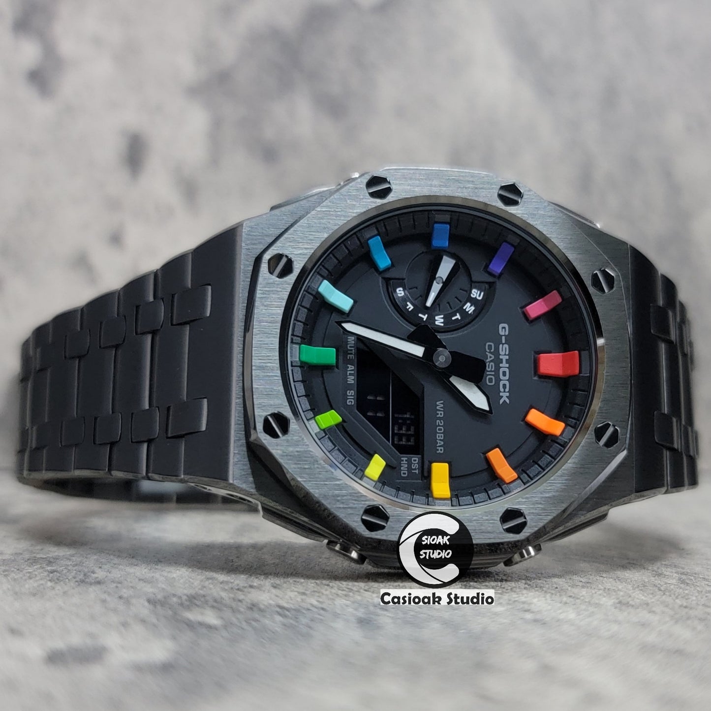 Casioak Mod Watch Offshore Superior Gray Case Metal Strap Black Rainbow Time Mark Black Dial 44mm - Casioak Studio