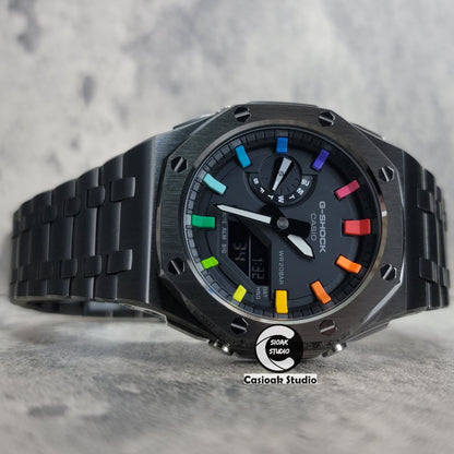 Casioak Mod Watch Offshore Superior Gray Case Metal Strap Black Rainbow Time Mark Black Dial 44mm - Casioak Studio