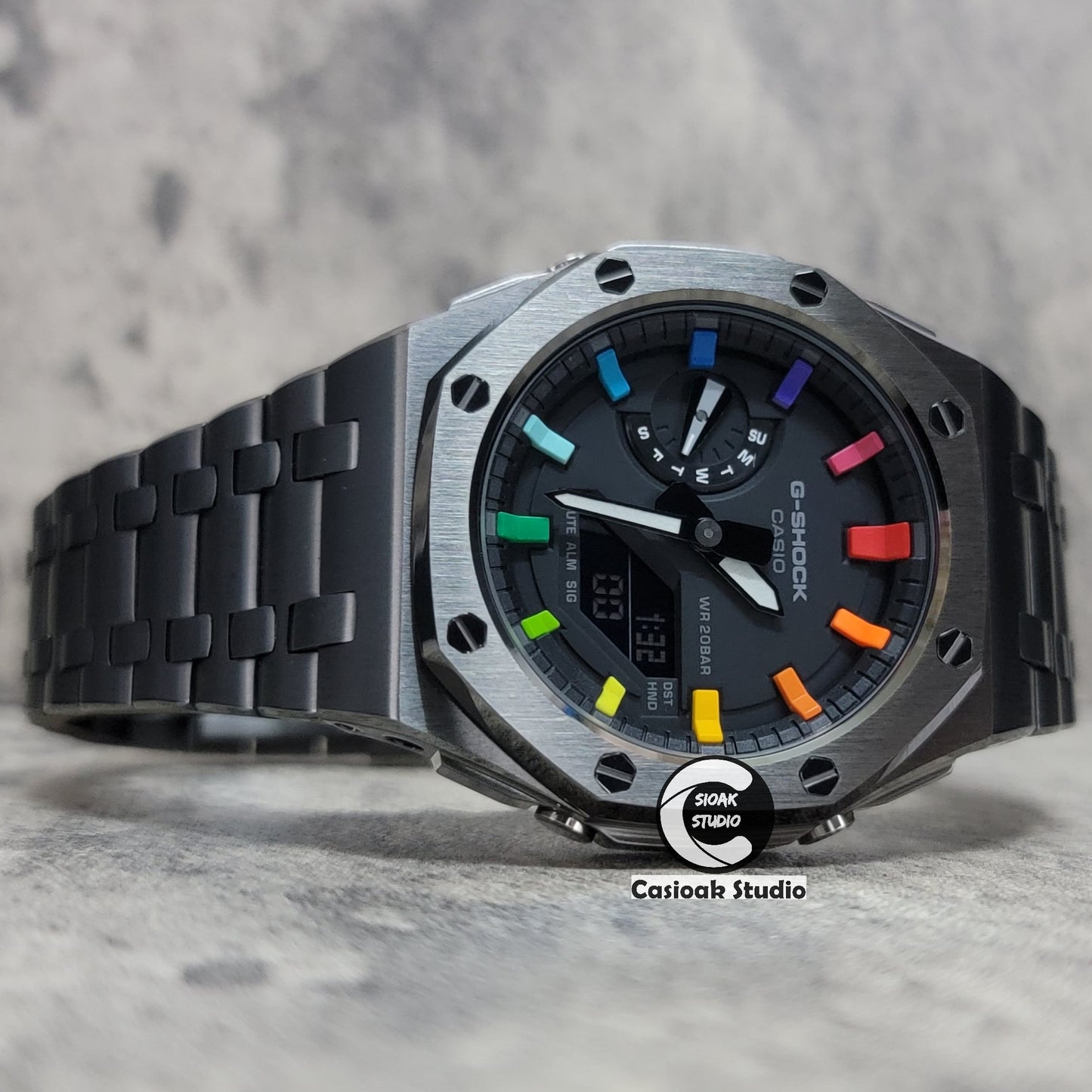 Casioak Mod Watch Offshore Superior Gray Case Metal Strap Black Rainbow Time Mark Black Dial 44mm - Casioak Studio