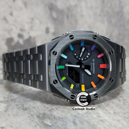 Casioak Mod Watch Offshore Superior Gray Case Metal Strap Black Rainbow Time Mark Black Dial 44mm - Casioak Studio