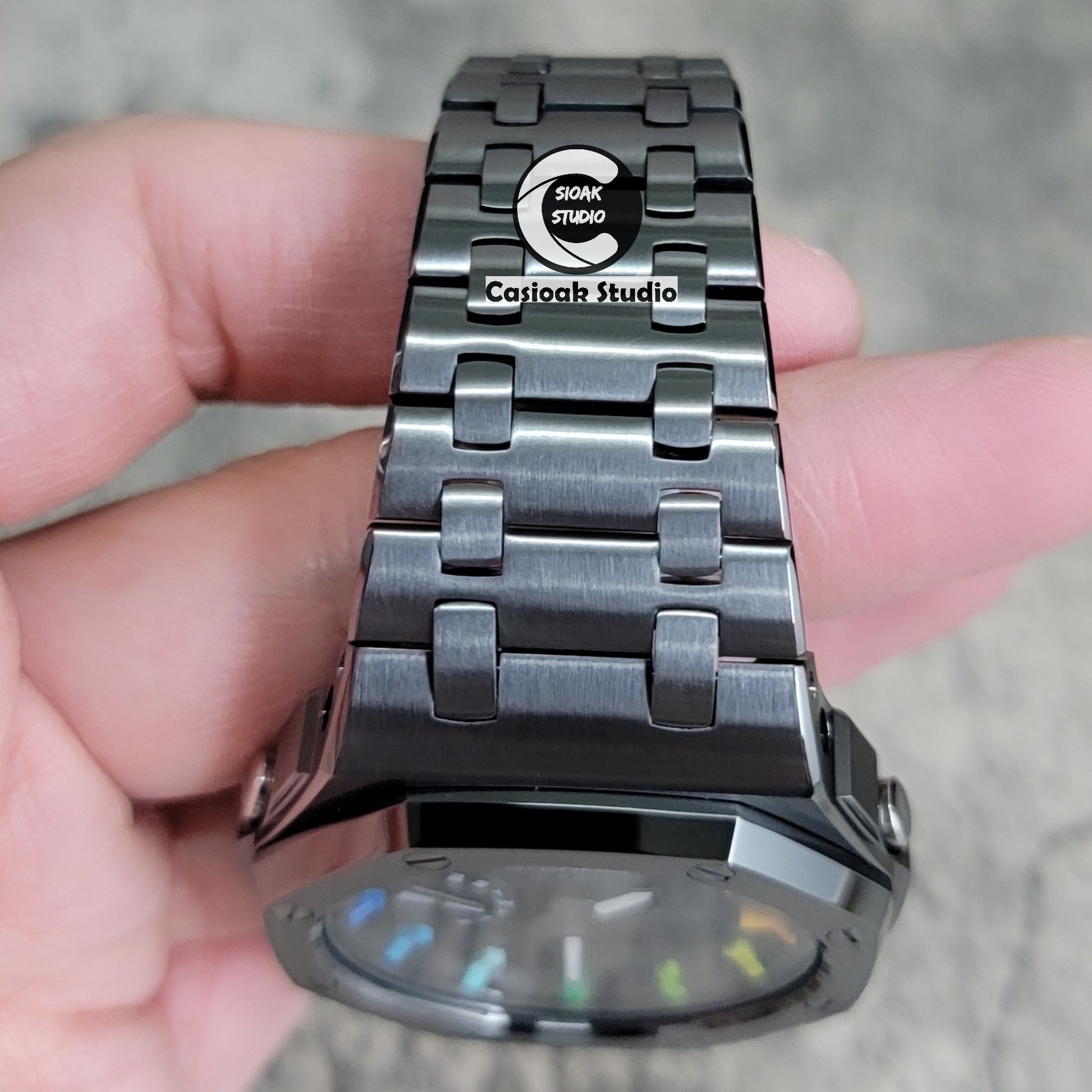 Casioak Mod Watch Offshore Superior Gray Case Metal Strap Black Rainbow Time Mark Black Dial 44mm - Casioak Studio
