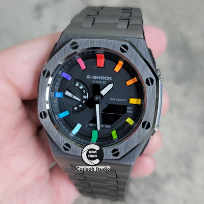 Casioak Mod Watch Offshore Superior Gray Case Metal Strap Black Rainbow Time Mark Black Dial 44mm - Casioak Studio