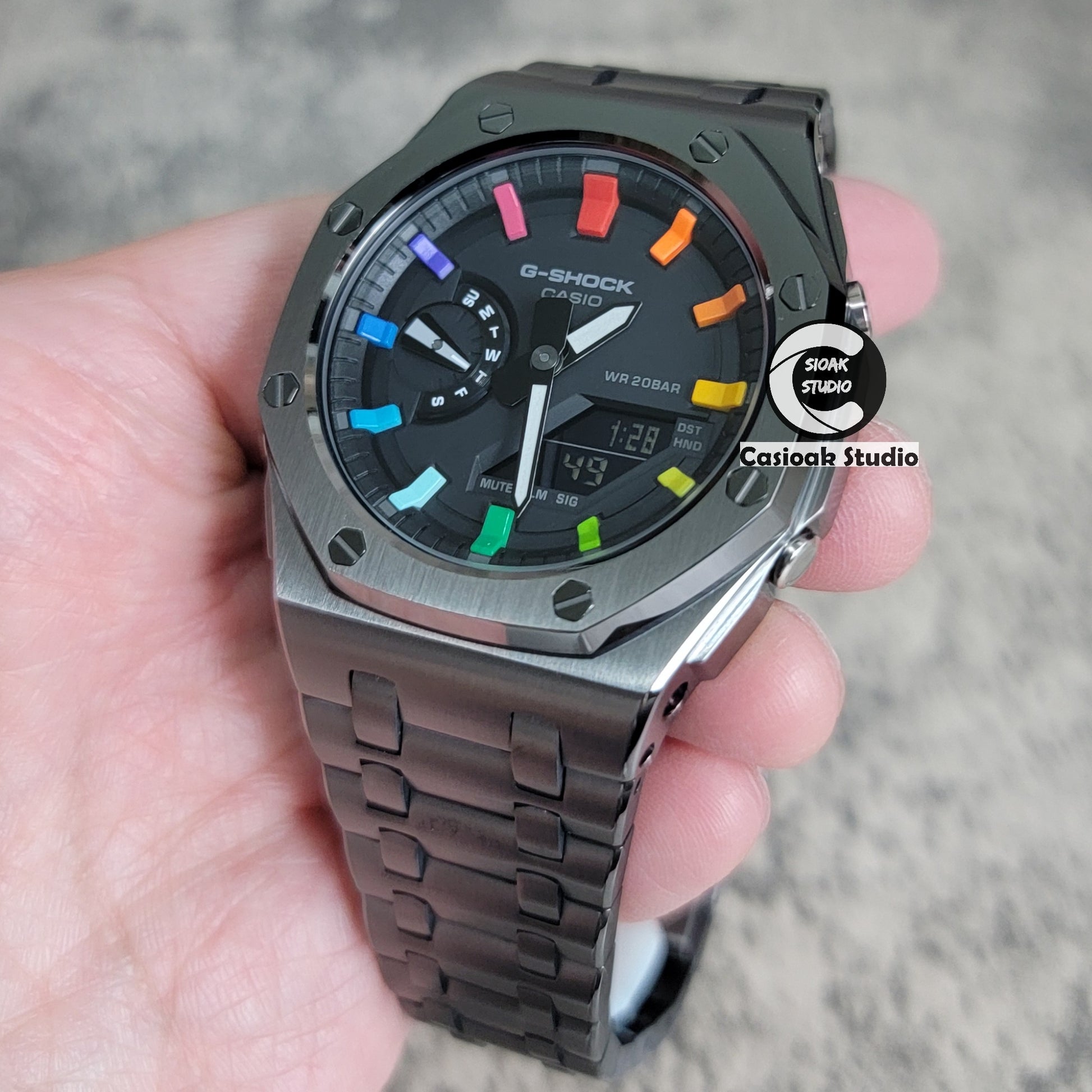 Casioak Mod Watch Offshore Superior Gray Case Metal Strap Black Rainbow Time Mark Black Dial 44mm - Casioak Studio