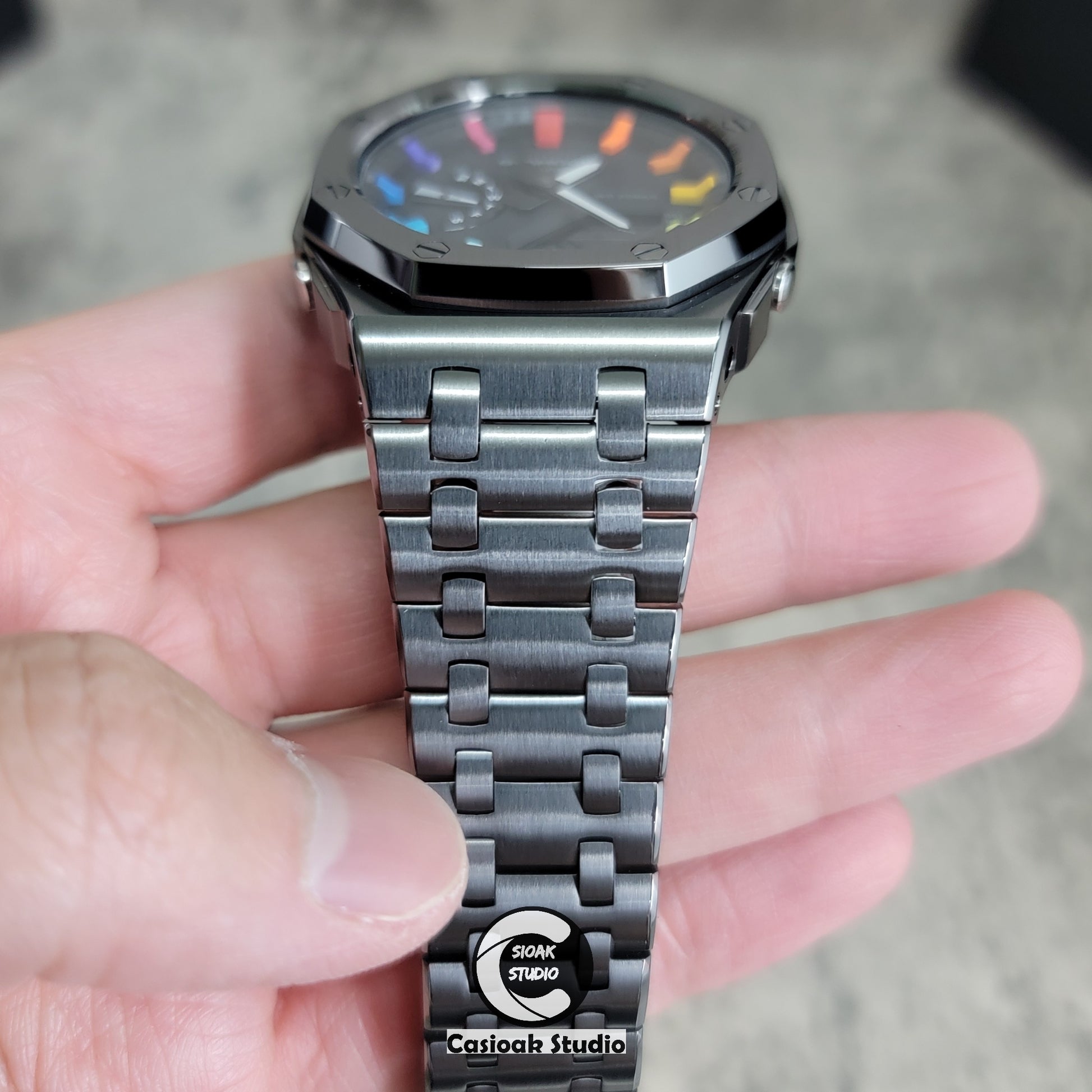 Casioak Mod Watch Offshore Superior Gray Case Metal Strap Black Rainbow Time Mark Black Dial 44mm - Casioak Studio