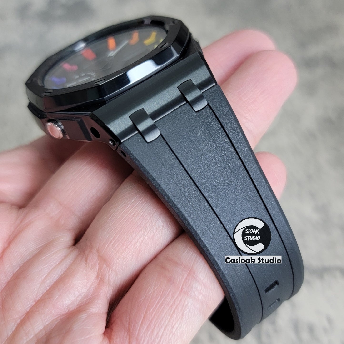 Casioak Mod Watch Offshore Superior Black Case Black Rubber Strap Black Rainbow Time Mark Black Dial 44mm - Casioak Studio