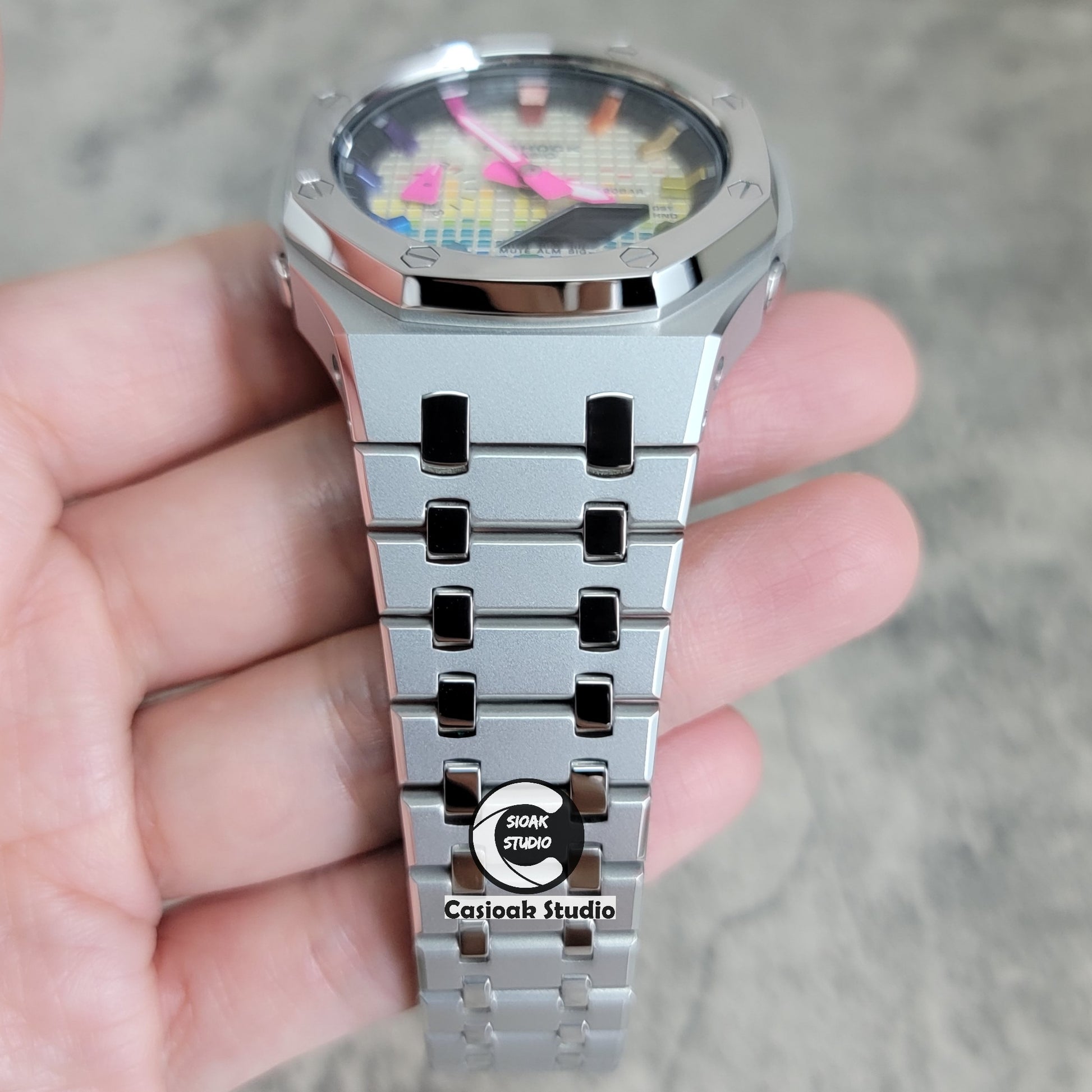 Casioak Mod Watch Polished Silver Case Metal Strap Black Rainbow Time Mark Music Dial 44mm - Casioak Studio