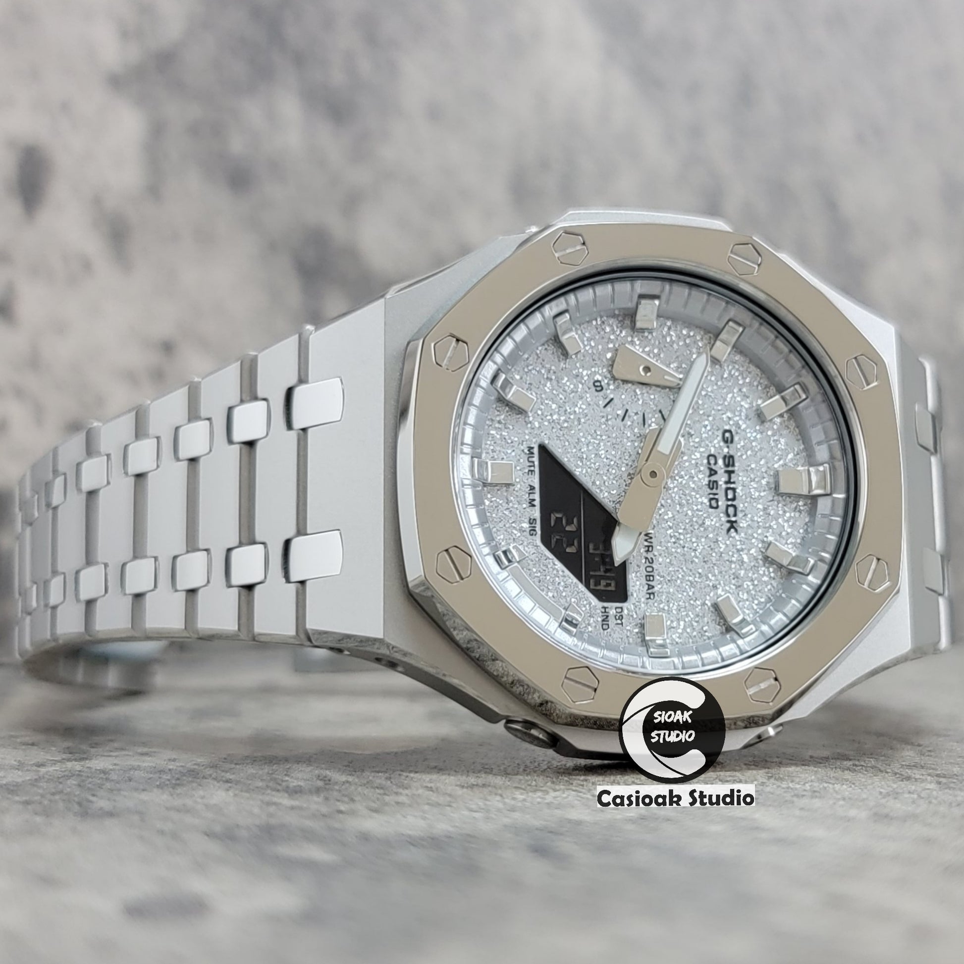 Casioak Mod Watch Polished Silver Case Metal Strap Silver Time Mark Starry Silver Dial 44mm - Casioak Studio