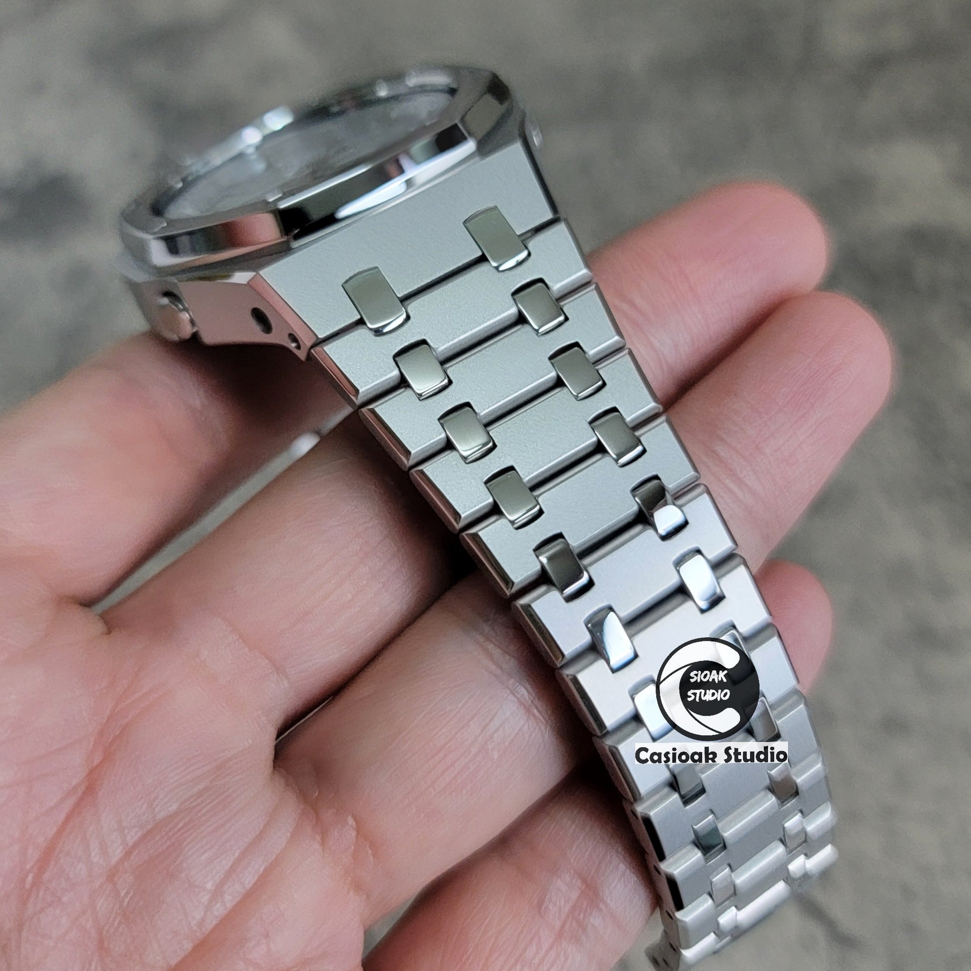 Casioak Mod Watch Polished Silver Case Metal Strap Silver Time Mark Starry Silver Dial 44mm - Casioak Studio