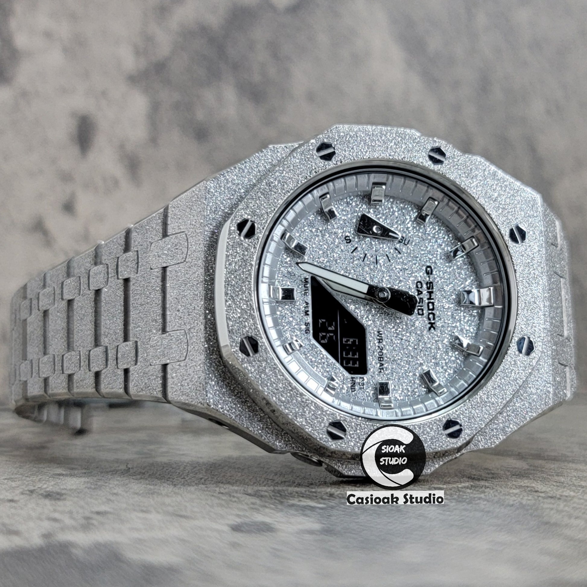 Casioak Mod Watch Frosted Silver Case Metal Strap Silver Time Mark Starry Silver Dial 44mm - Casioak Studio