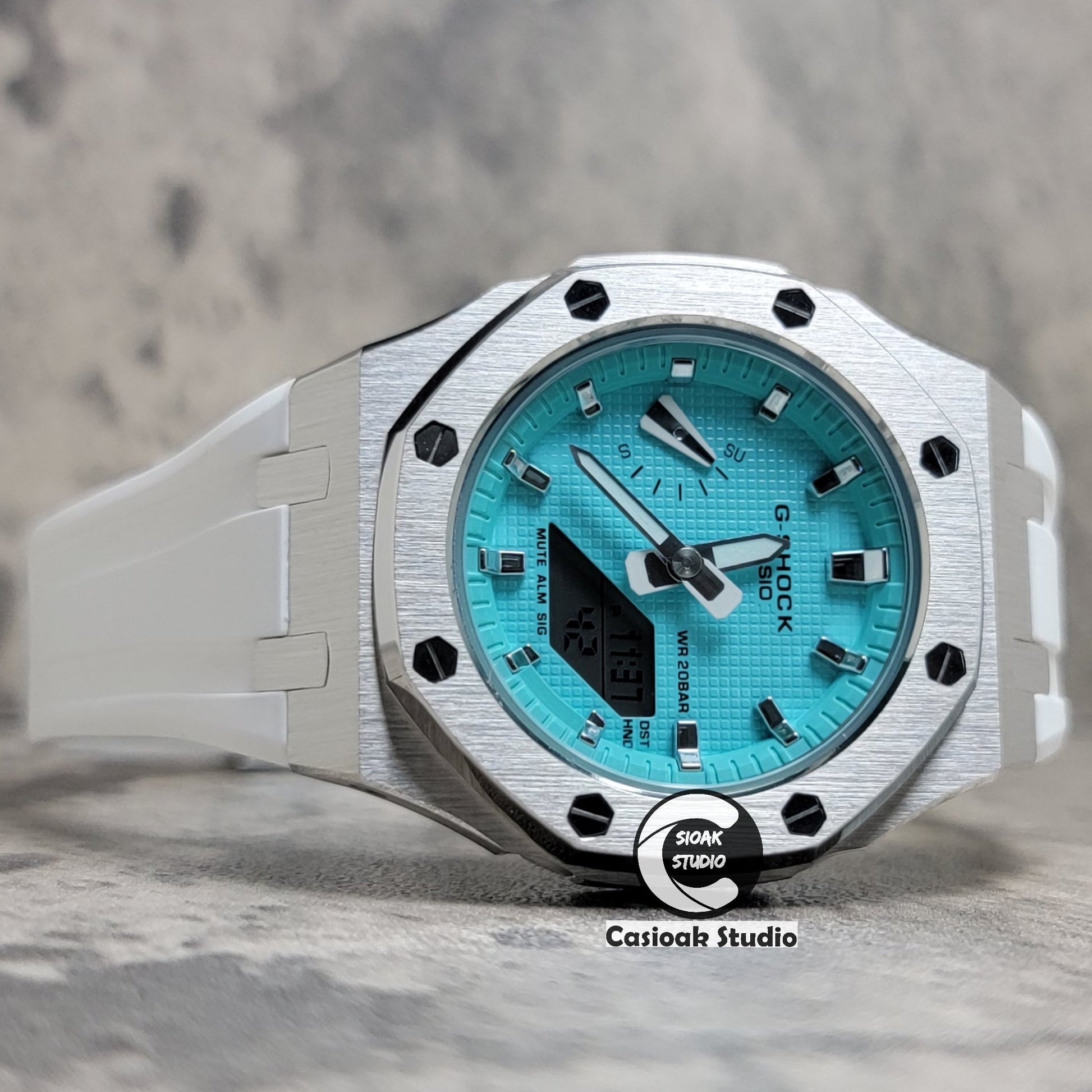 Casioak Mod Watch Silver Case White Rubber Strap Tiffany Silver Time Mark Tiffany Blue Dial 42mm - Casioak Studio