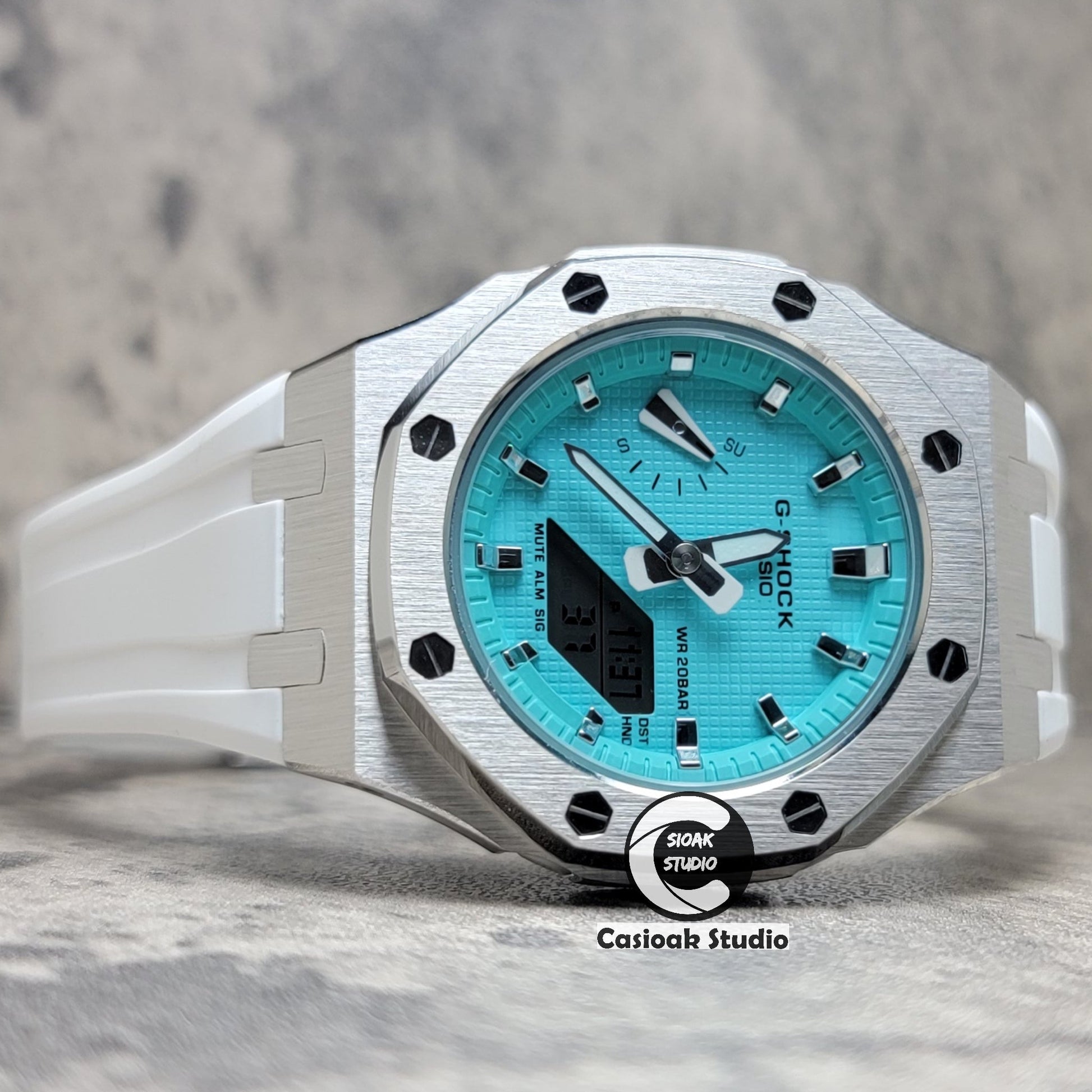 Casioak Mod Watch Silver Case White Rubber Strap Tiffany Silver Time Mark Tiffany Blue Dial 42mm - Casioak Studio