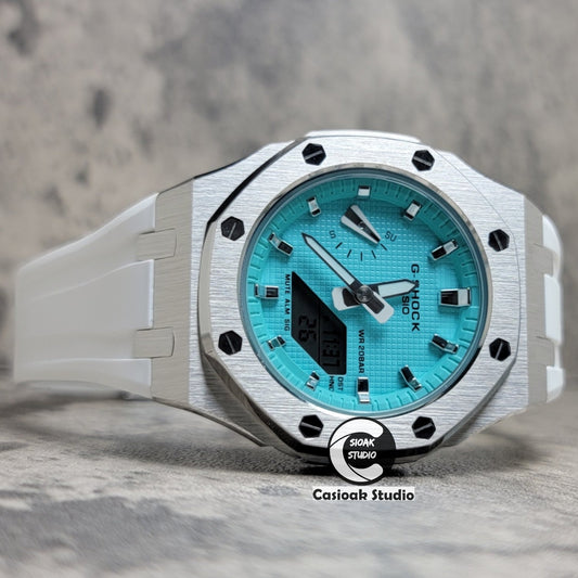 Casioak Mod Watch Silver Case White Rubber Strap Tiffany Silver Time Mark Tiffany Blue Dial 42mm - Casioak Studio