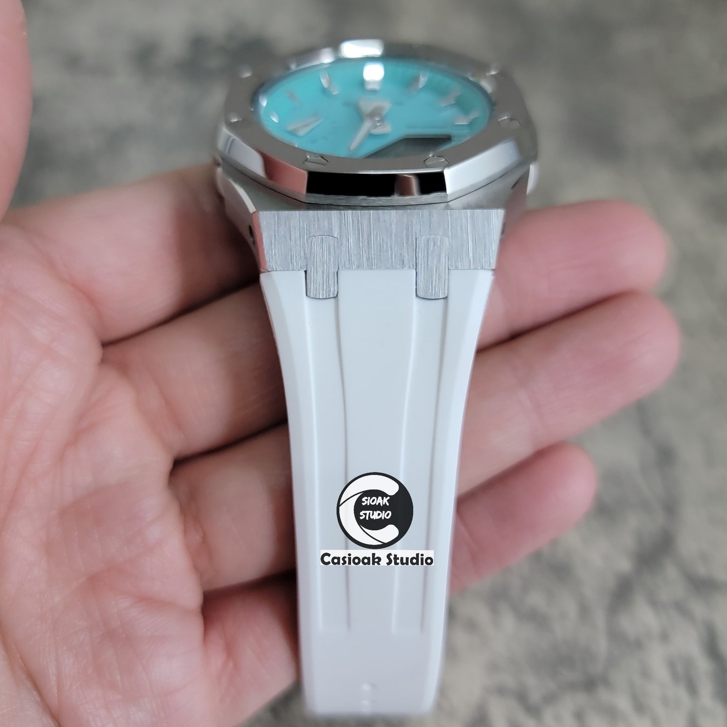 Casioak Mod Watch Silver Case White Rubber Strap Tiffany Silver Time Mark Tiffany Blue Dial 42mm - Casioak Studio