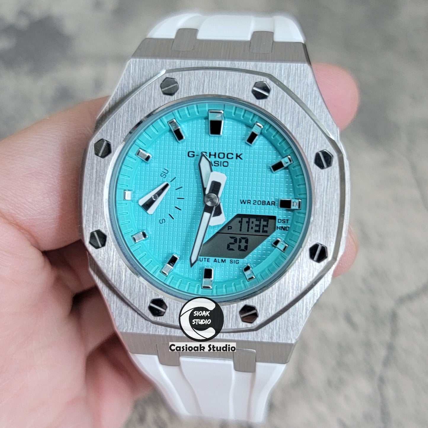 Casioak Mod Watch Silver Case White Rubber Strap Tiffany Silver Time Mark Tiffany Blue Dial 42mm - Casioak Studio