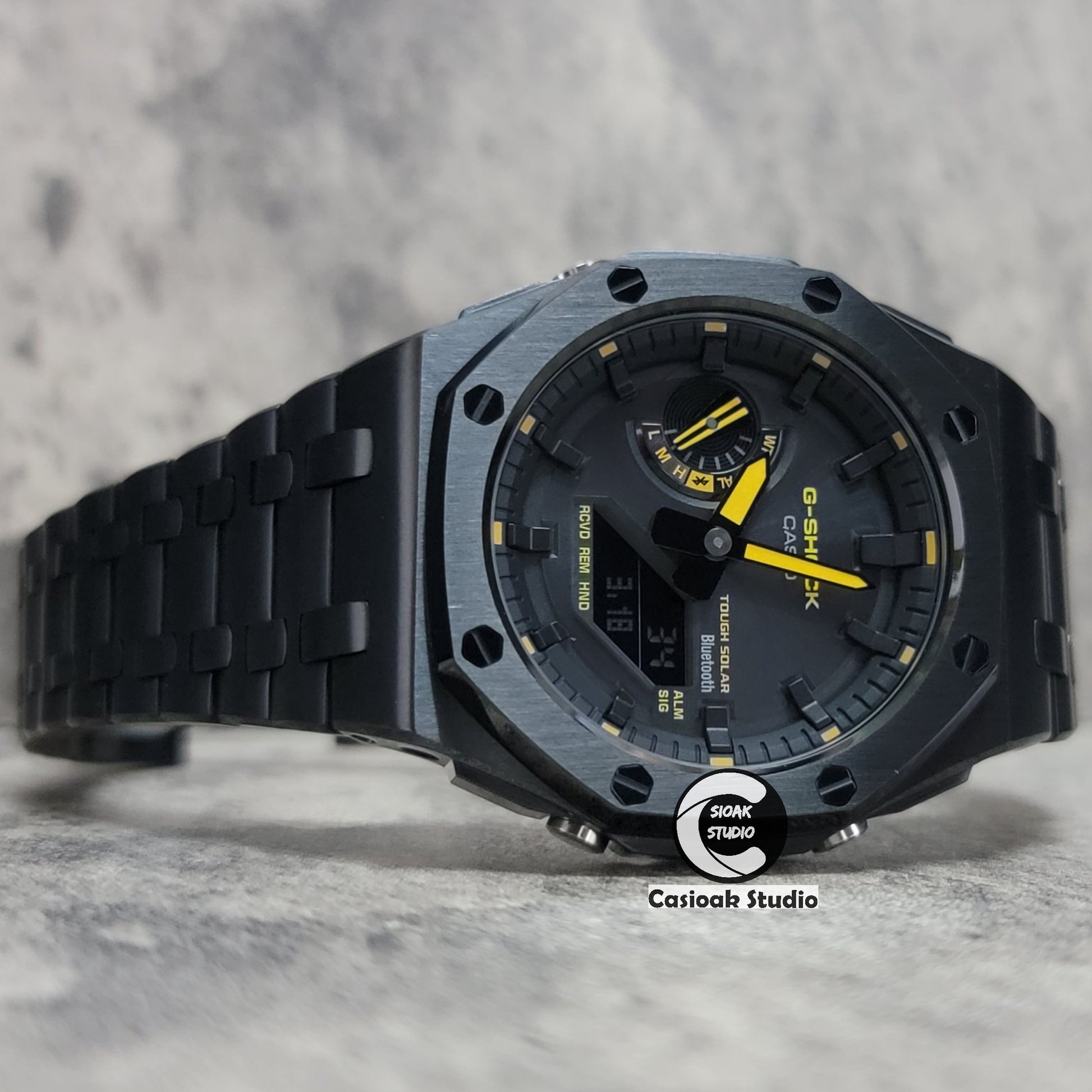 Casioak Mod Watch Solar Bluetooth Offshore Superior Black Case Metal Strap Black Time Mark Black Dial Yellow Hands 44mm - Casioak Studio